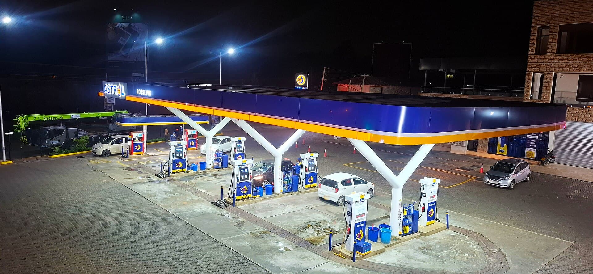 Petrol station building and forecourt